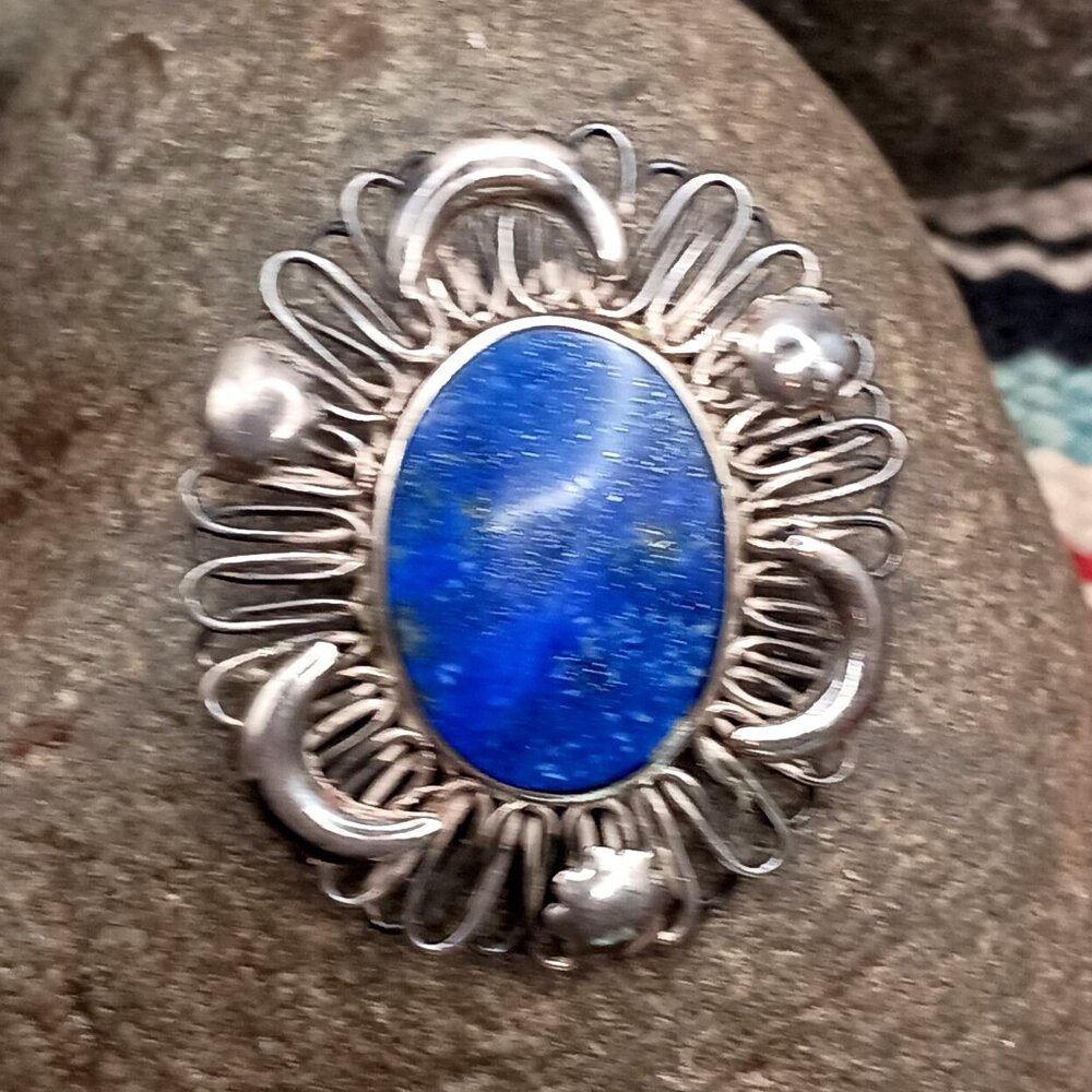 Art Deco 925 Sterling Silver Lapis Lazuli Brooch Pendant Brooch w/Moon & Stars - Picture 3 of 9